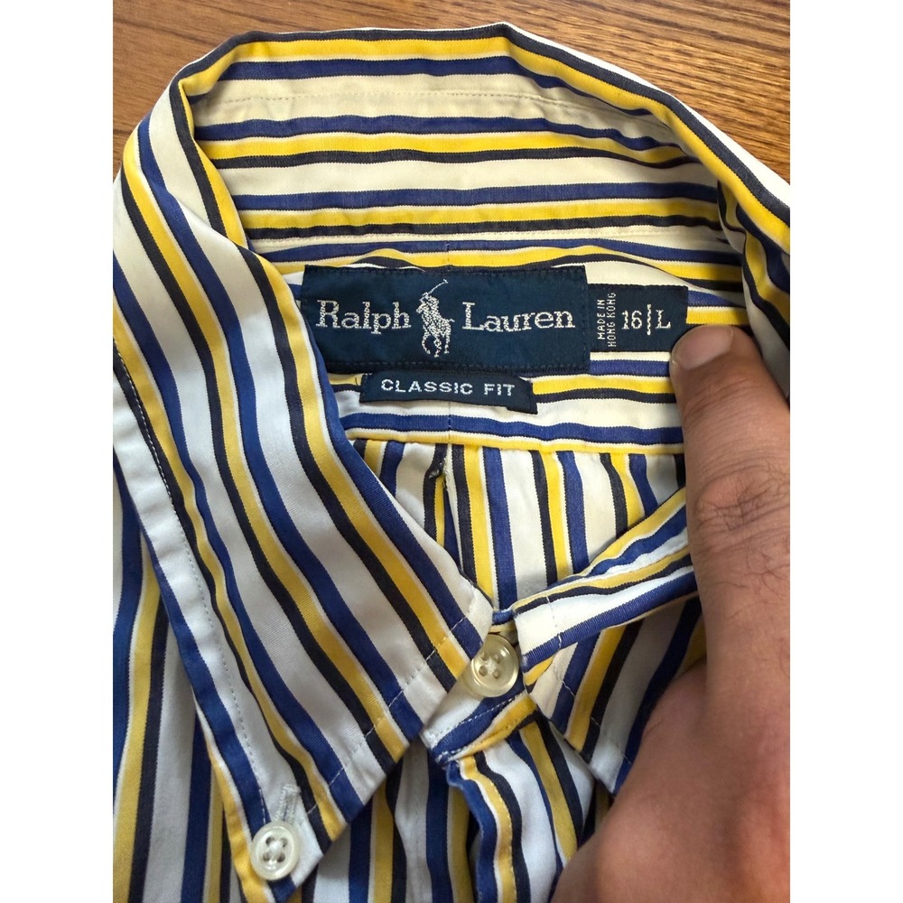Ralph Lauren Classic Fit Mens 16 L Striped Button Down Shirt Yellow Navy Blue - Picture 2 of 6